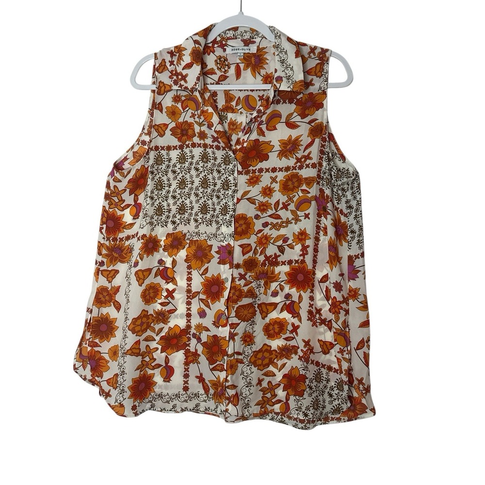 Rose + Olive Top Tunic‎ Womens Large Floral Pintuck Flowy Bohemian Sleeveless
